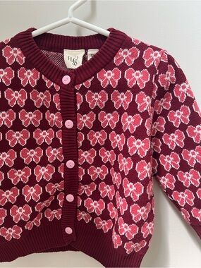 FLOSS Girls' Burgundy Pink Bow-Pattern Cardigan Sweater
